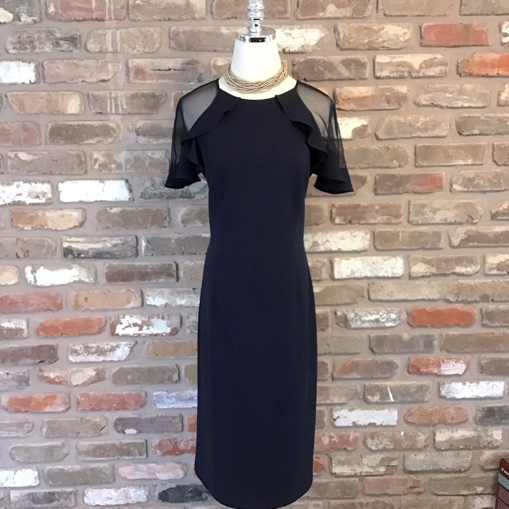 ELIZA J Women's Navy Blue Sheer Ruffle Sleeve Cocktail Dress 12 - Picture 2 of 7
